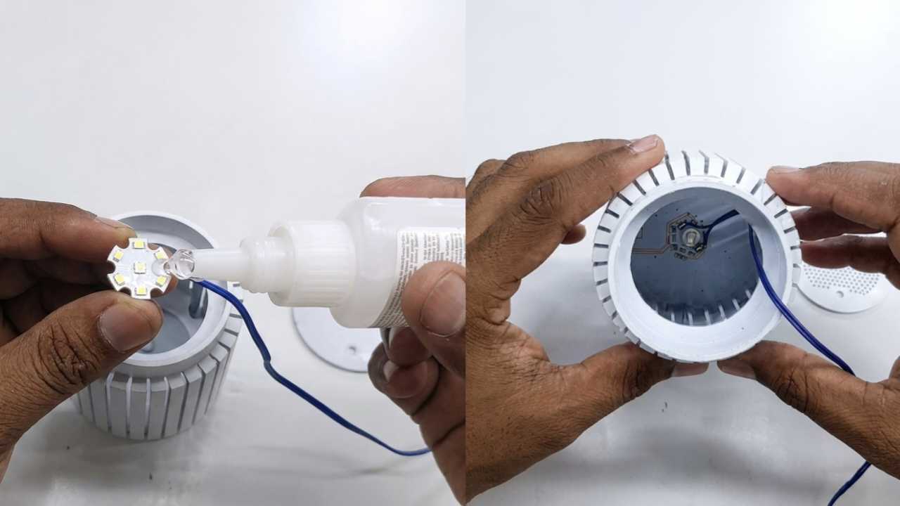 Installing a 3W LED with aluminium heat sink inside the PVC light